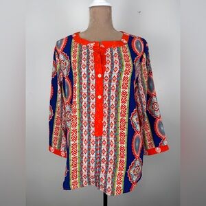 glam Multicolor Boho Print Split-Neck Tunic - Navy, Red, Teal